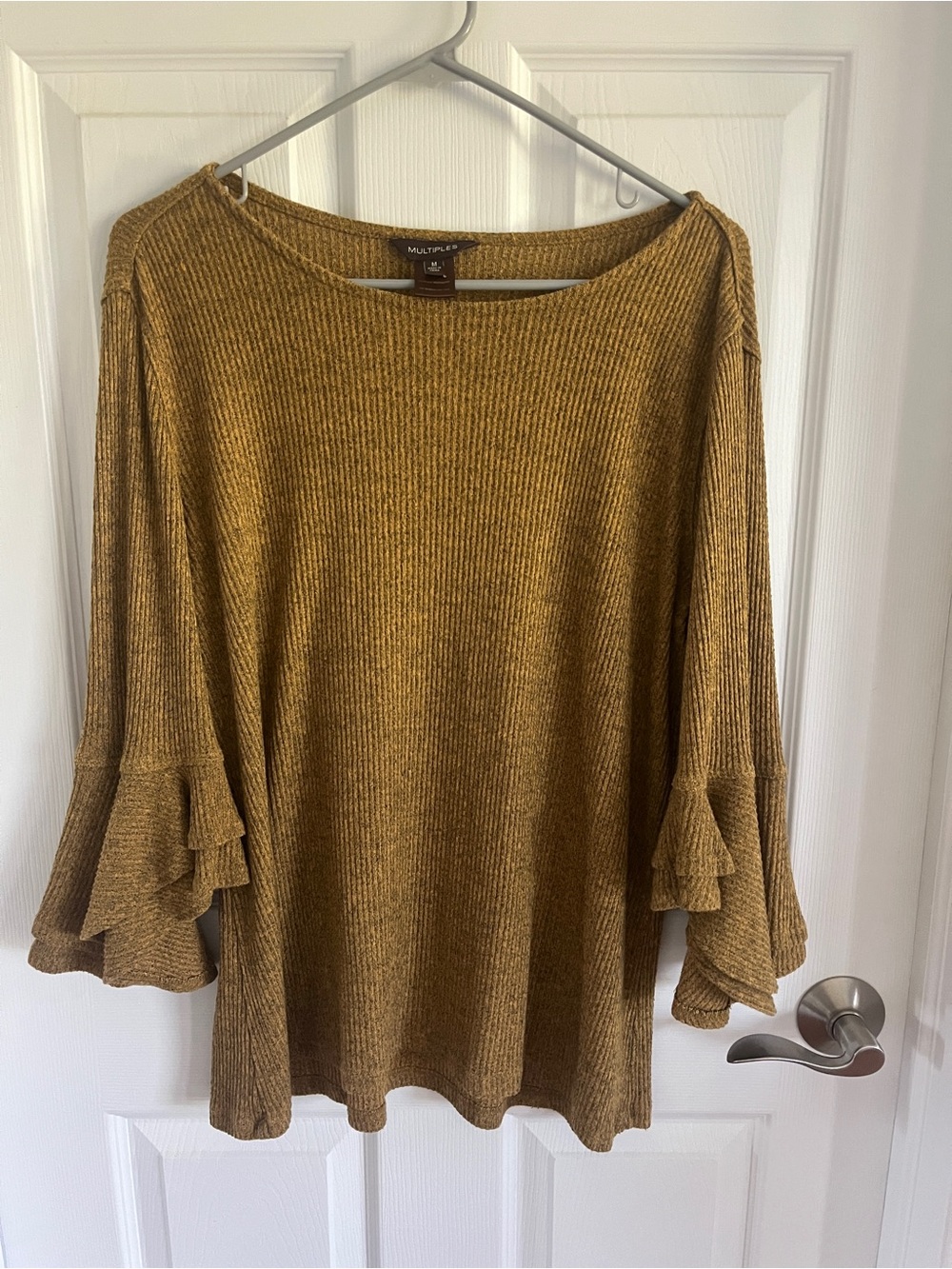 Multiples Mustard Ribbed Bell-Sleeve Scoop Neck Sweater